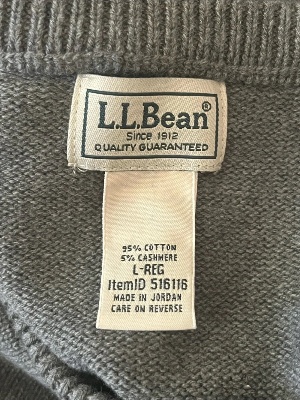 Vintage L.L. Bean Gray Cotton Cashmere Crewneck Sweater Size Large Preppy Knit